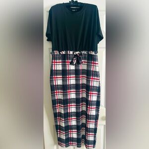 Ruffle trim red/black plaid 2 in 1 fitted dress, short sleeve, split back, 1X